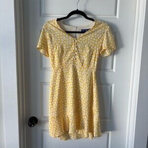 THE BLUE SHIRT silk Dress Womens Size S Yellow & White Floral Fit & Flare Short